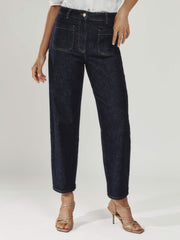 Women Petite Straight Leg Patch Pocket Jeans in Dark Blue