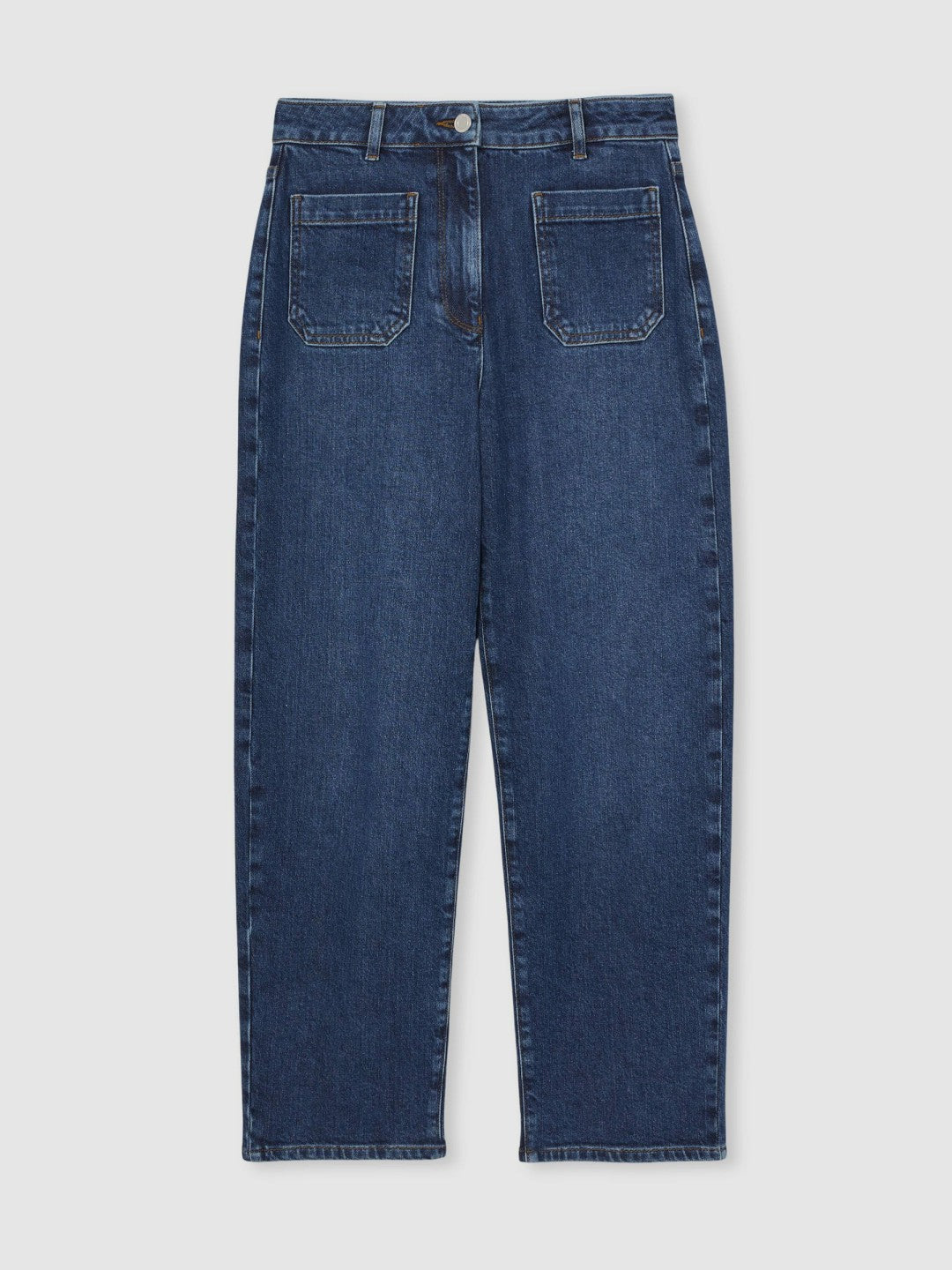 Women Petite Straight Leg Patch Pocket Jeans in Mid Blue