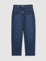 Women Petite Straight Leg Patch Pocket Jeans in Mid Blue