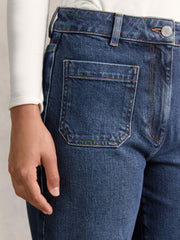 Women Petite Straight Leg Patch Pocket Jeans in Mid Blue