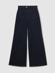 Women Petite Patch Pocket Wide Leg Jeans in Dark Blue