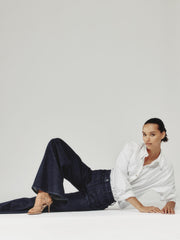 Women Petite Patch Pocket Wide Leg Jeans in Dark Blue