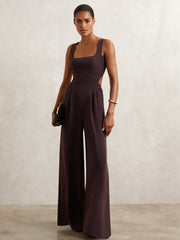 Women Petite Wide-Leg Cut-Out Jumpsuit in Burgundy