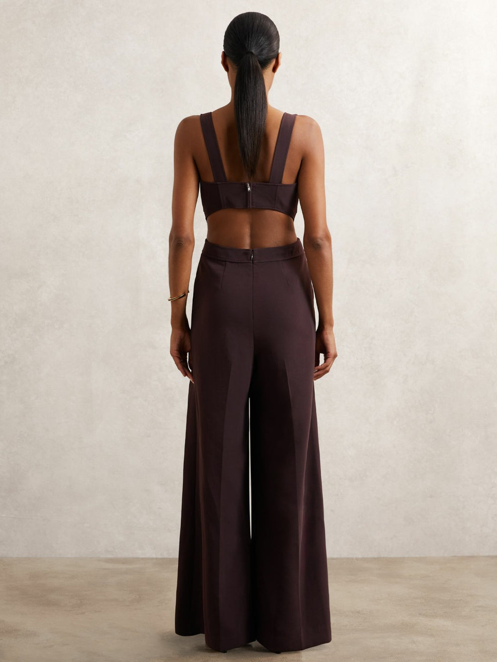 Women Petite Wide-Leg Cut-Out Jumpsuit in Burgundy