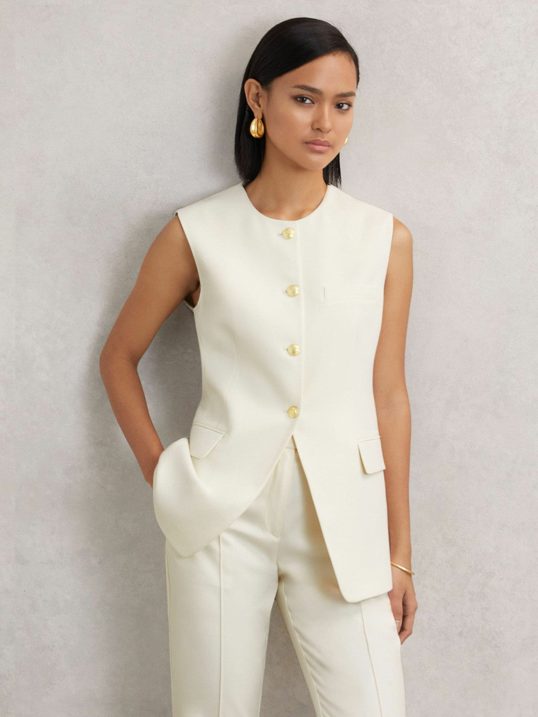 Women High-Neck Longline Waistcoat in Cream