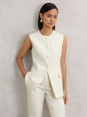 Women High-Neck Longline Waistcoat in Cream
