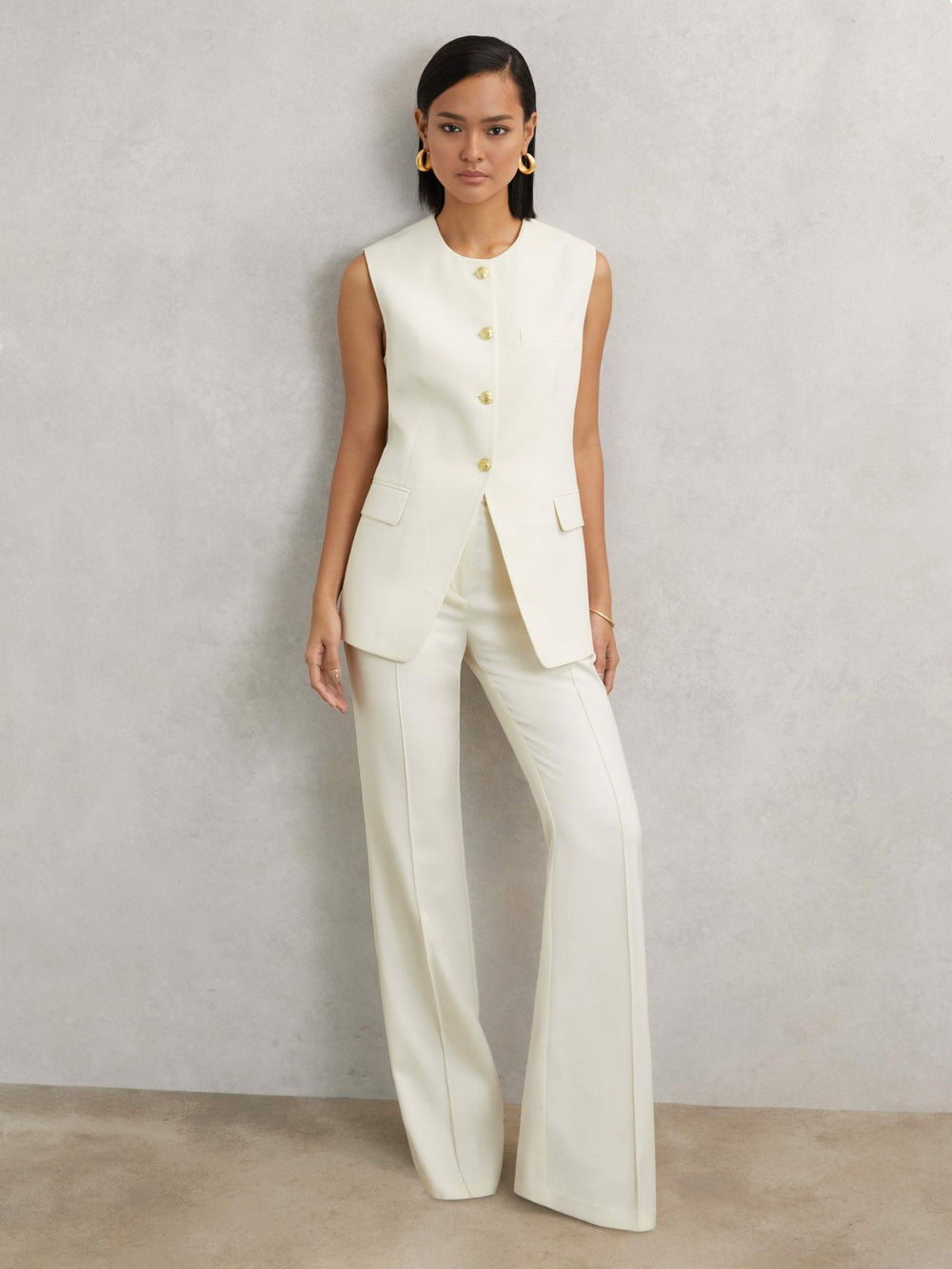 Women High-Neck Longline Waistcoat in Cream