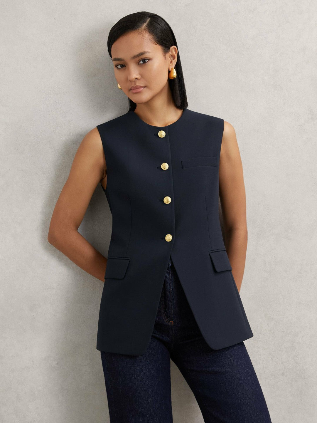 Women High-Neck Longline Waistcoat in Navy