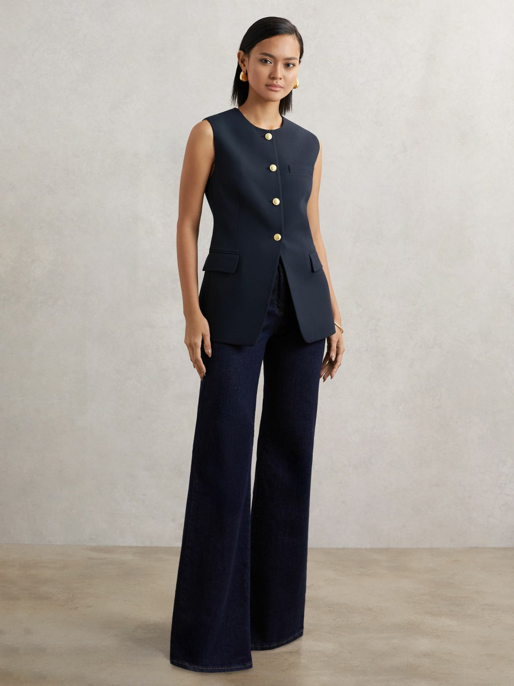 Women High-Neck Longline Waistcoat in Navy