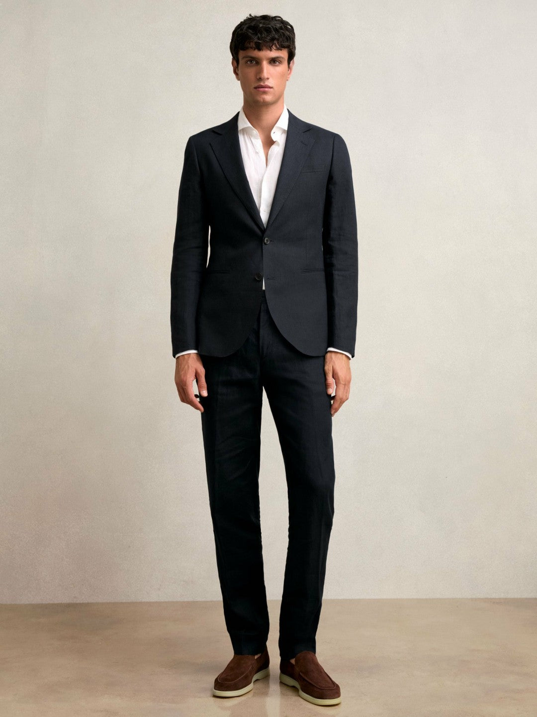 Men Slim Fit Linen Adjuster Trousers in Navy