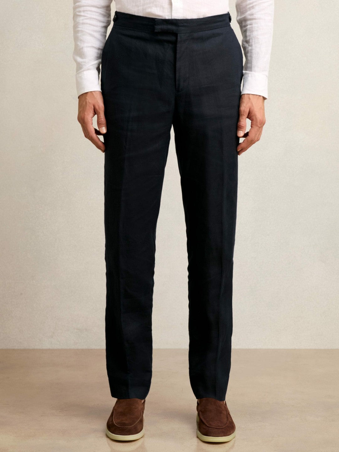 Men Slim Fit Linen Adjuster Trousers in Navy