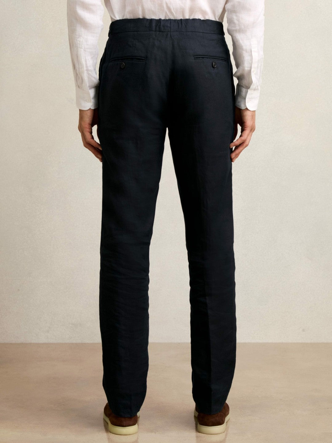 Men Slim Fit Linen Adjuster Trousers in Navy
