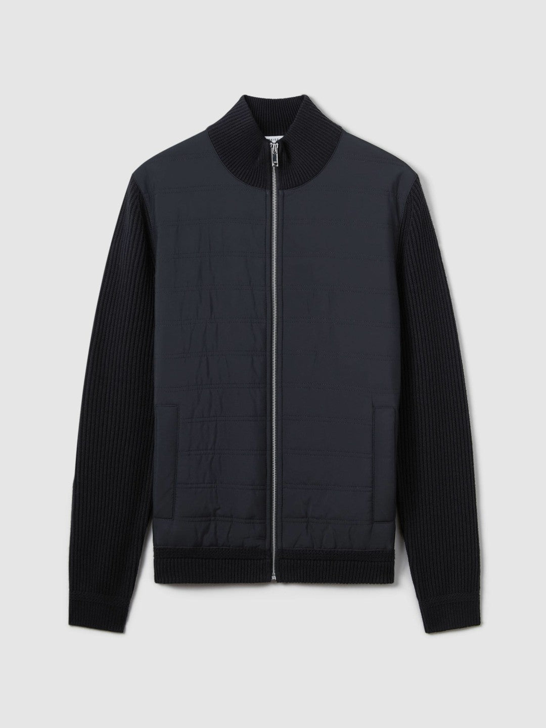 Men Hybrid Quilt and Knit Zip-Through Jacket in Navy