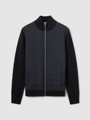Men Hybrid Quilt and Knit Zip-Through Jacket in Navy
