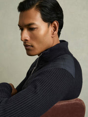 Men Hybrid Quilt and Knit Zip-Through Jacket in Navy