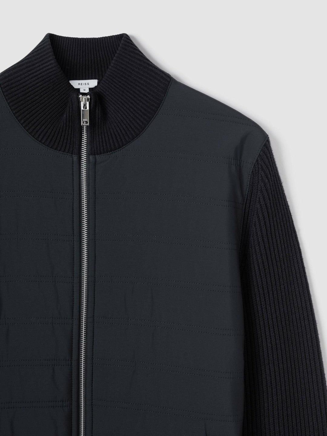 Men Hybrid Quilt and Knit Zip-Through Jacket in Navy