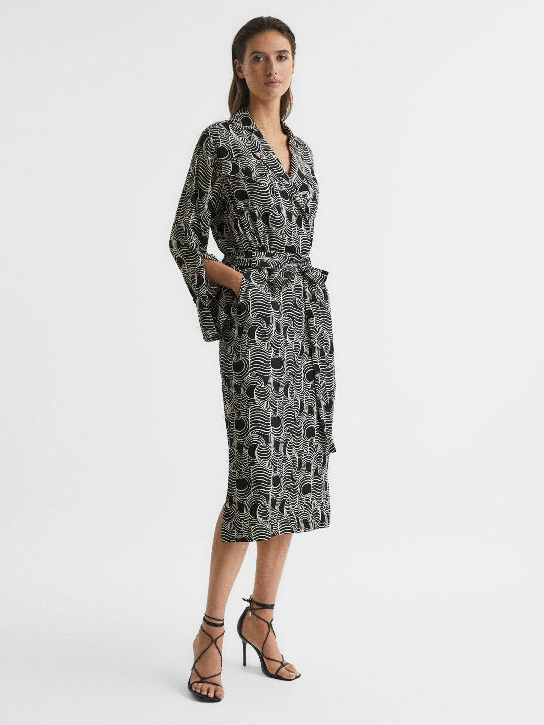 Women Swirl Print Midi Dress in Black/Cream