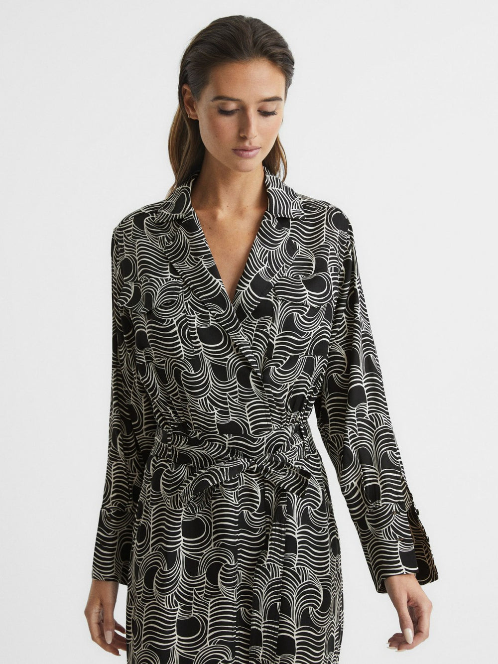 Women Swirl Print Midi Dress in Black/Cream