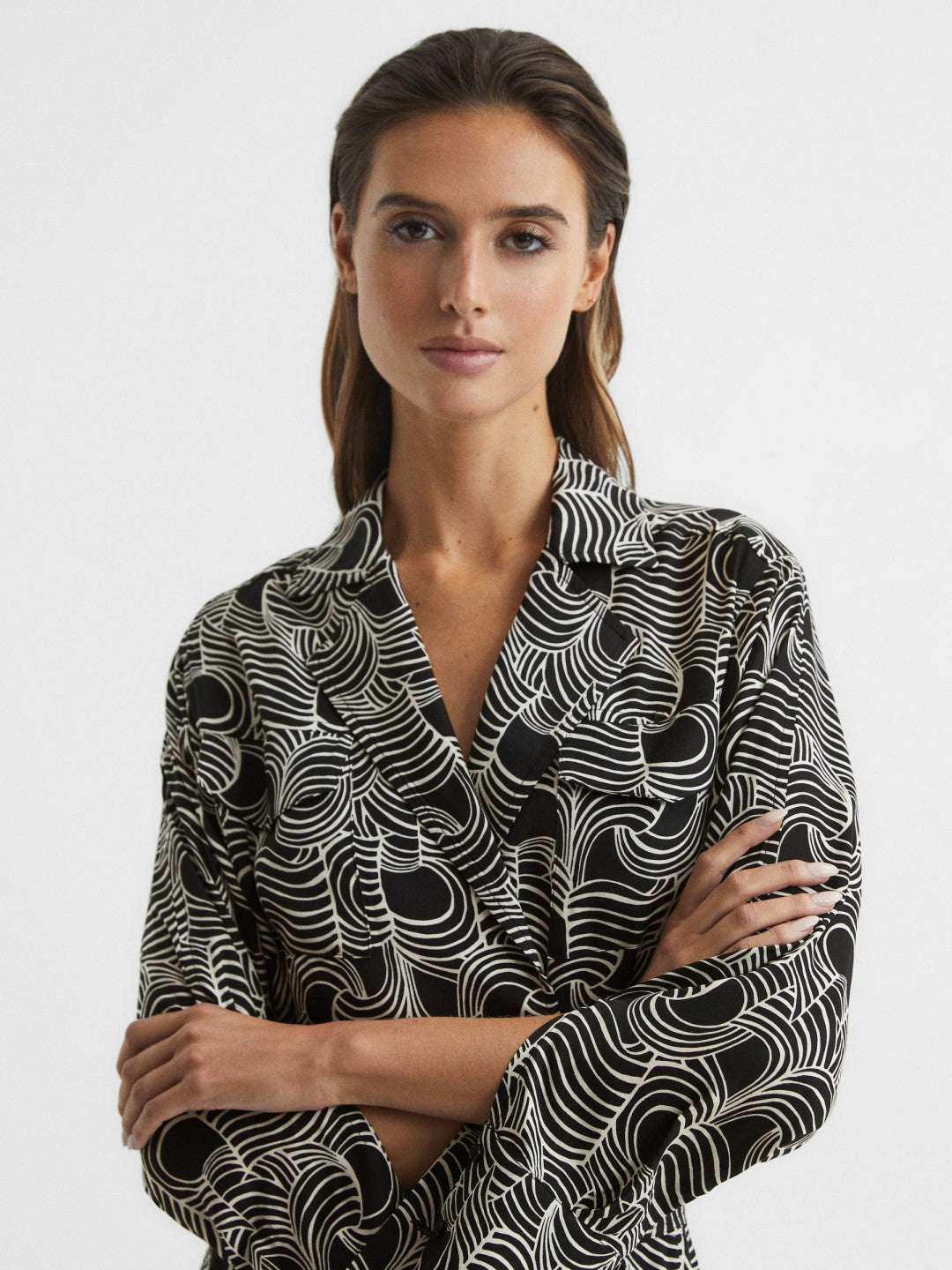 Women Swirl Print Midi Dress in Black/Cream