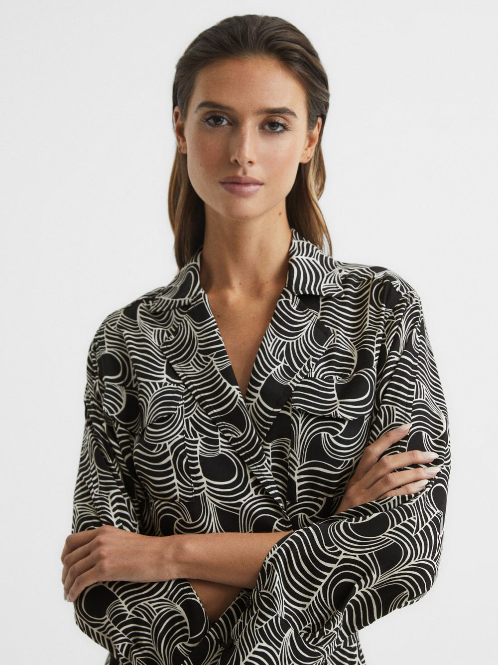 Women Swirl Print Midi Dress in Black/Cream