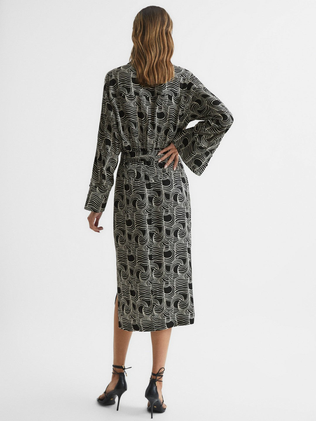 Women Swirl Print Midi Dress in Black/Cream