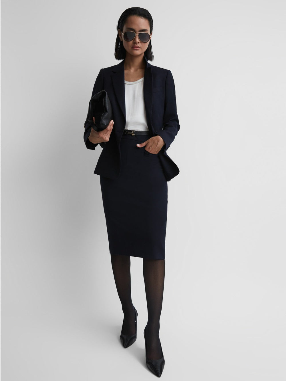 Women Tailored Pencil Skirt in Navy