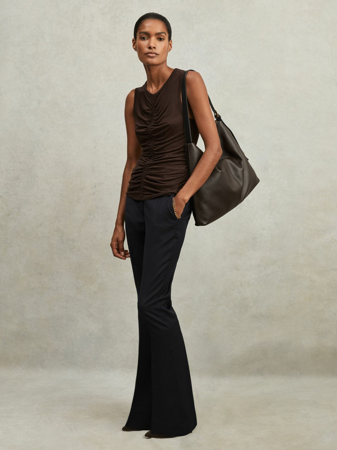 Women Petite Wool-Blend Tailored Flared Suit Trousers in Navy