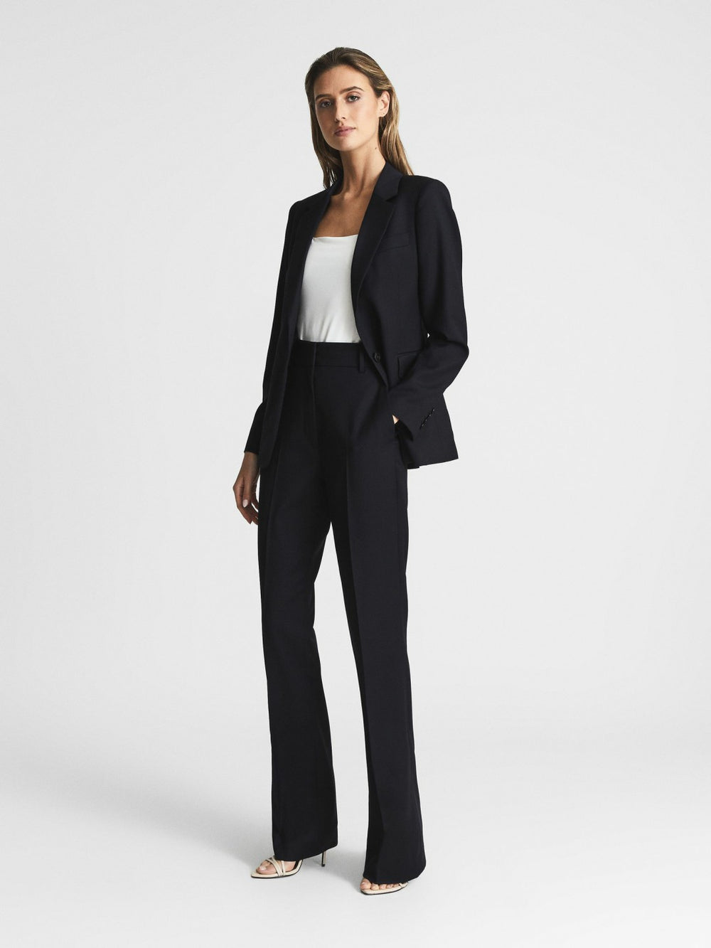 Women Wool-Blend Tailored Flared Suit Trousers in Navy