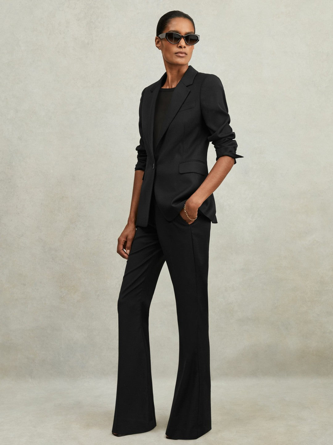 Women Wool-Blend Tailored Flared Suit Trousers in Black