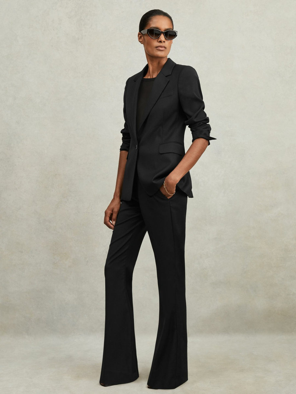 Women Wool-Blend Tailored Flared Suit Trousers in Black