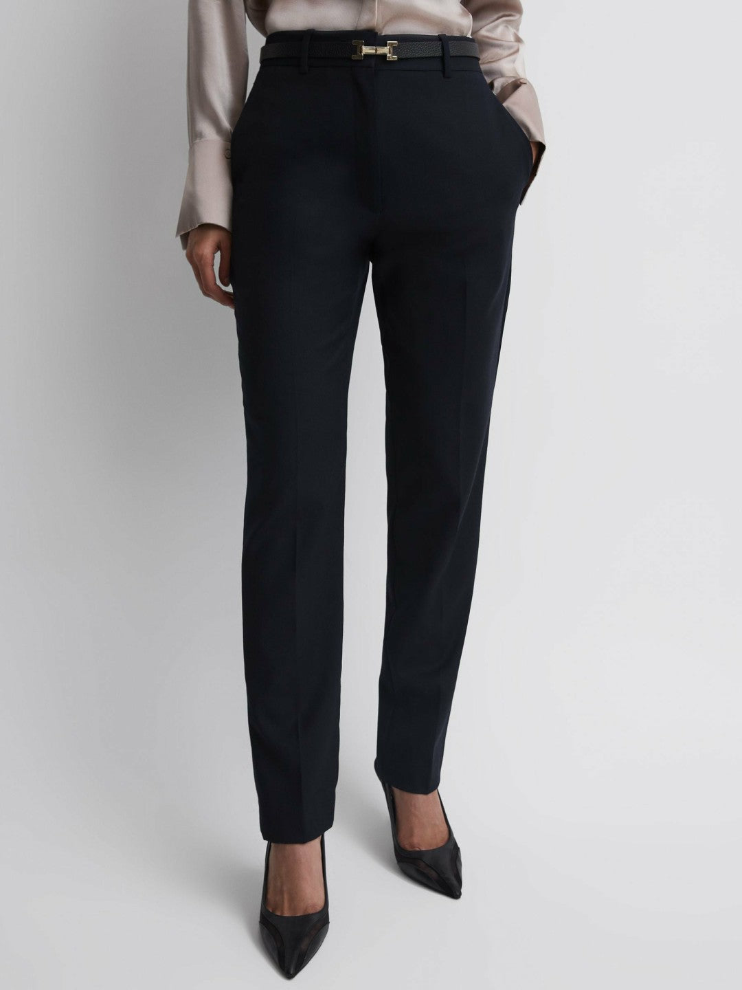 Women Wool Blend Tapered Suit Trousers in Navy