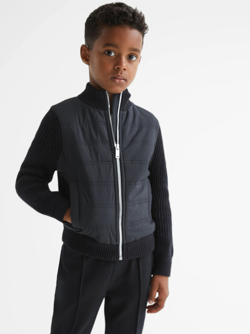 Children & Baby Junior Hybrid Zip Through Quilted Jacket in Navy