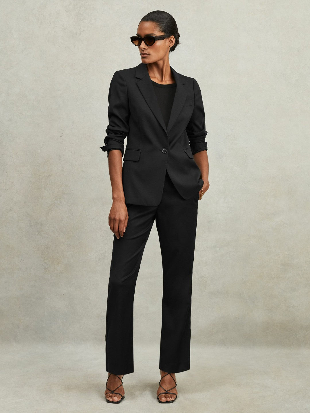 Women Petite Single Breasted Suit Blazer in Black