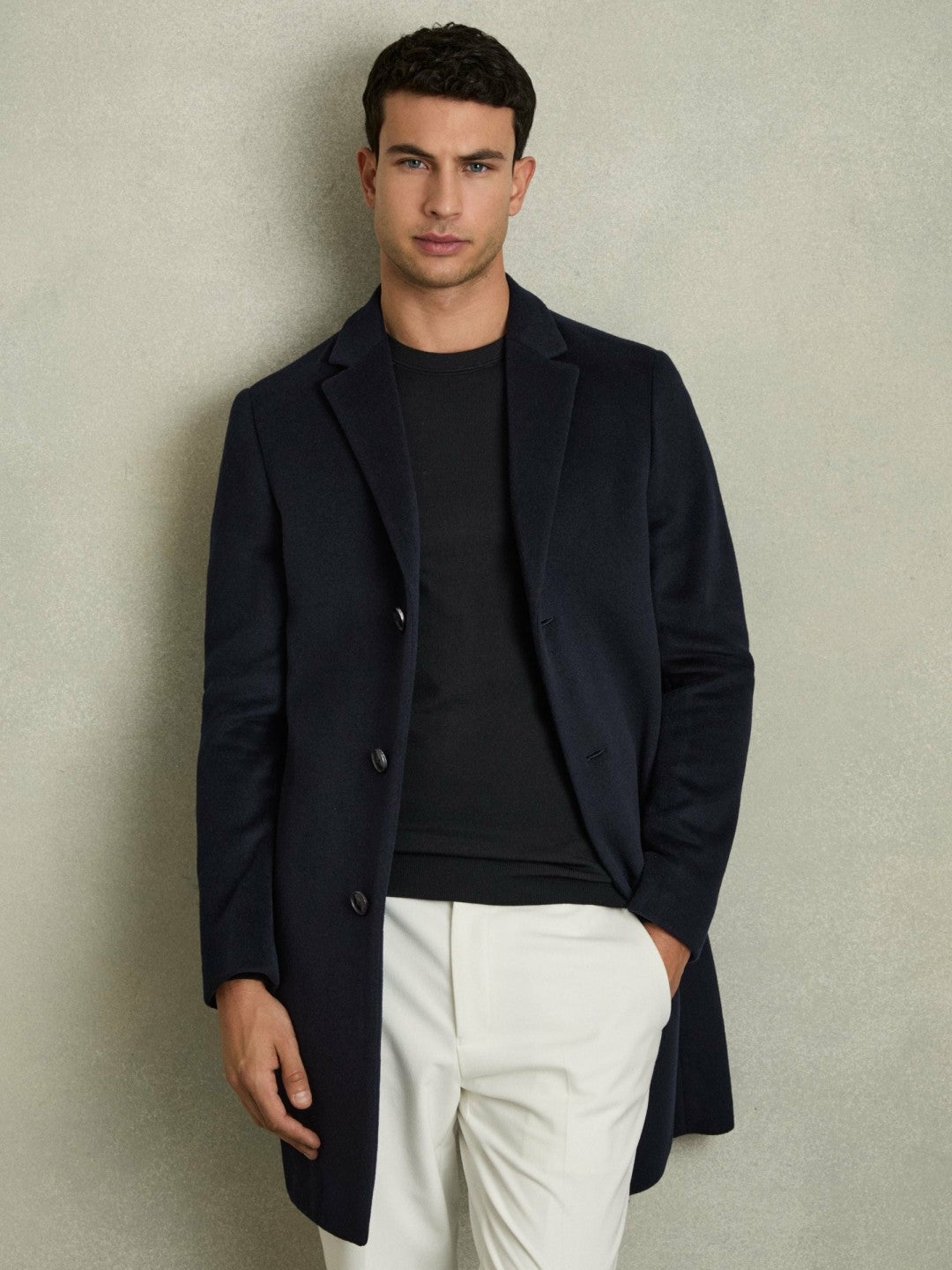 Men Wool Blend Single Breasted Epsom Overcoat in Navy