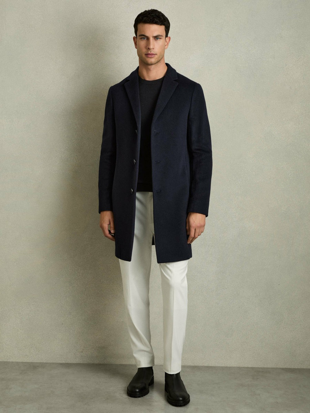 Men Wool Blend Single Breasted Epsom Overcoat in Navy