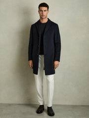 Men Wool Blend Single Breasted Epsom Overcoat in Navy