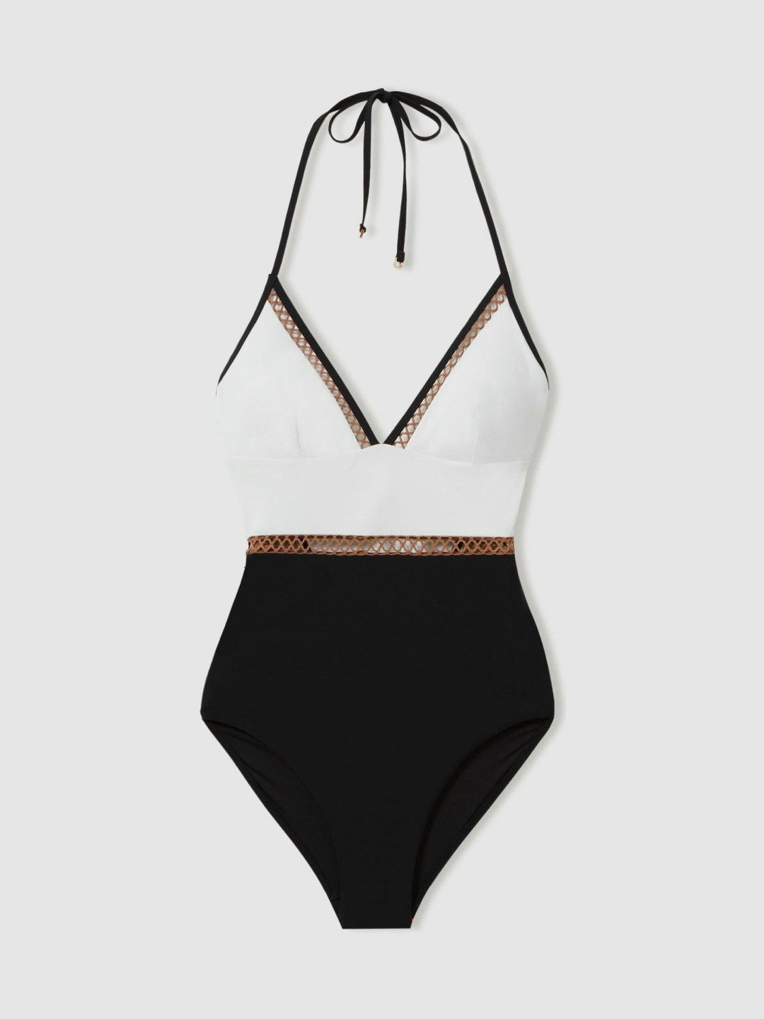 Women Colourblock Halter Swimsuit in White/Tan