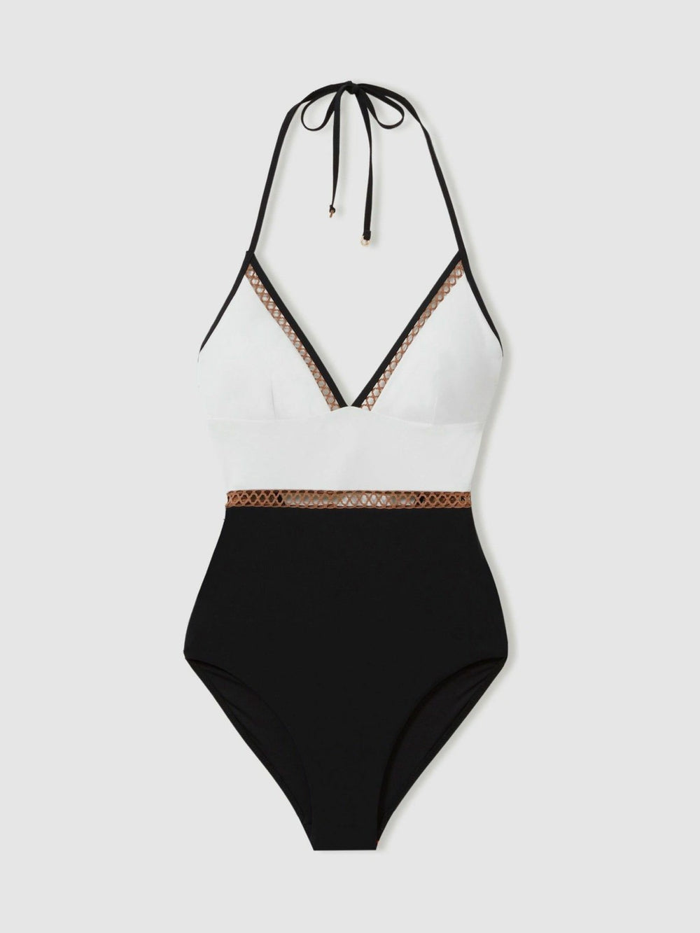 Women Colourblock Halter Swimsuit in White/Tan