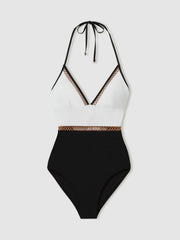 Women Colourblock Halter Swimsuit in White/Tan