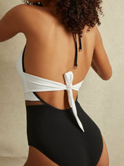 Women Colourblock Halter Swimsuit in White/Tan