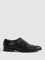 Men Leather Double Monk Strap Shoes in Black