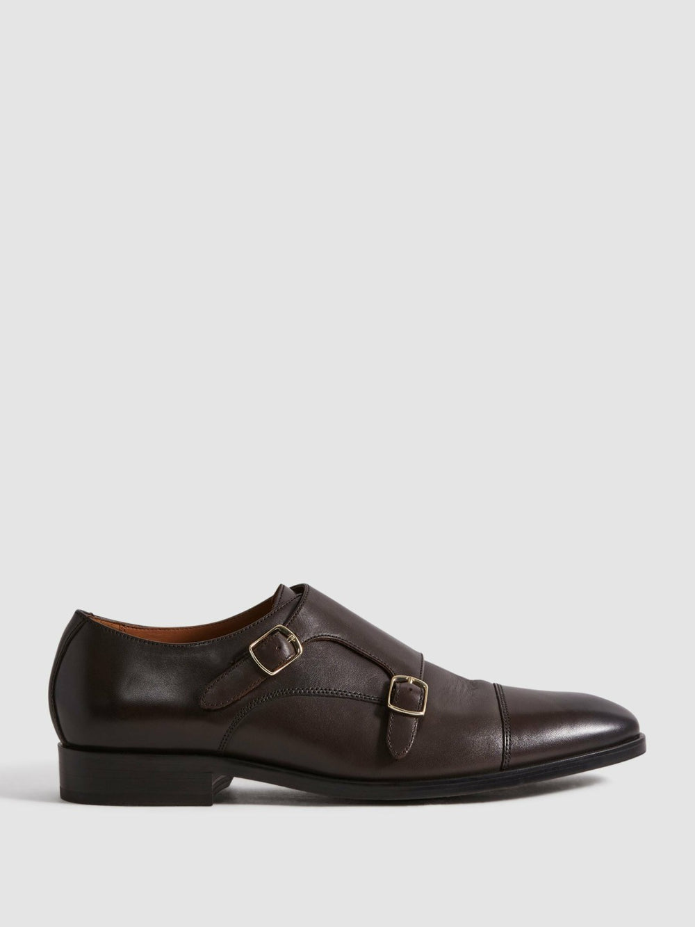 Men Leather Double Monk Strap Shoes in Dark Brown