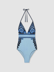 Women Halterneck Printed Swimsuit in Blue