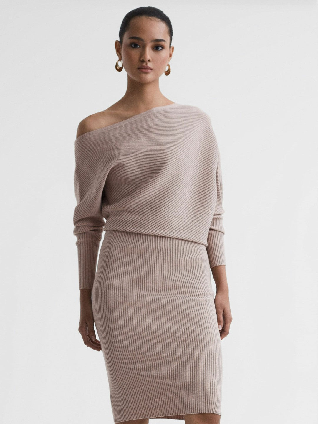 Women Off-The-Shoulder Ribbed Midi Dress in Neutral