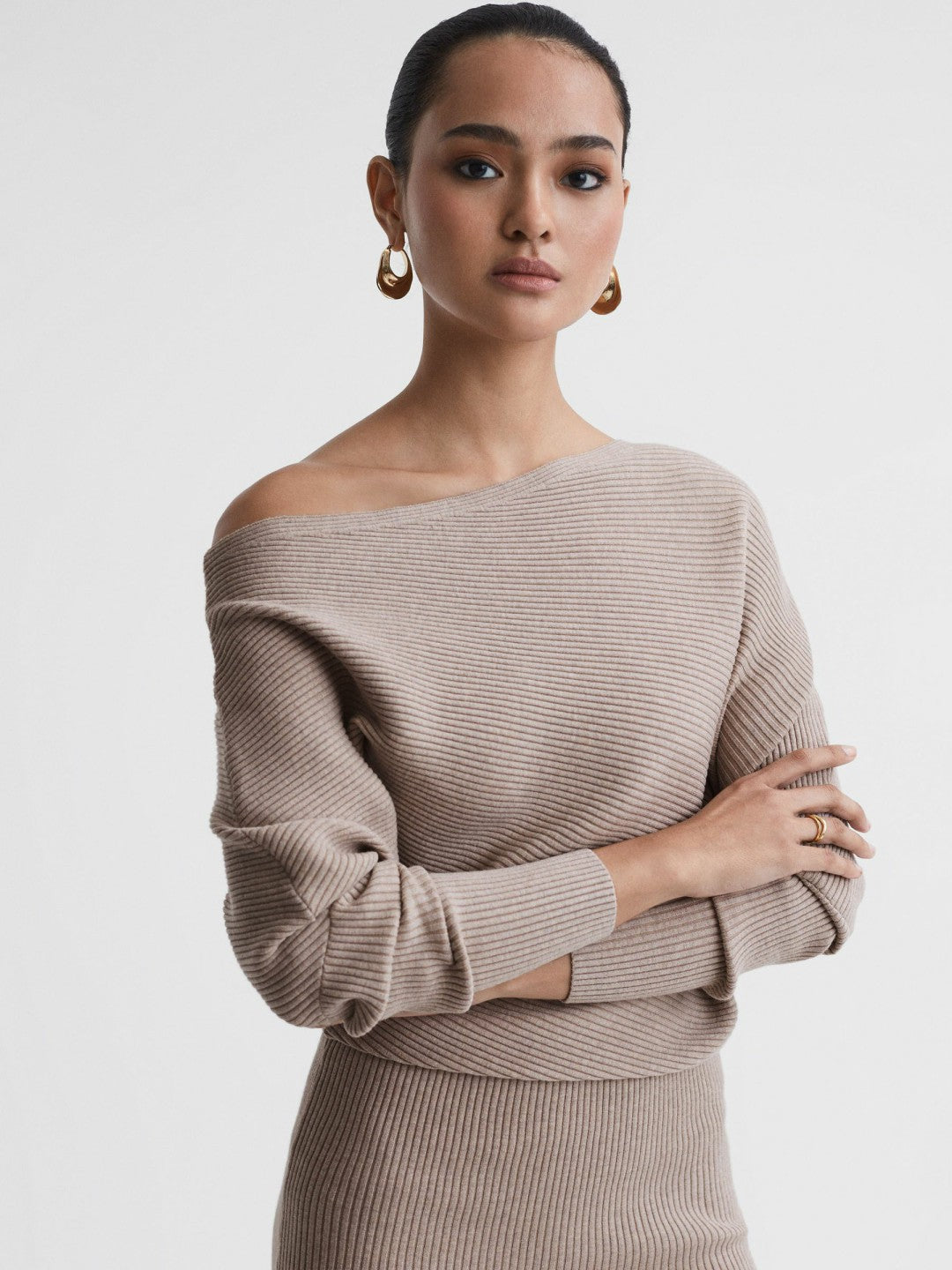 Women Off-The-Shoulder Ribbed Midi Dress in Neutral