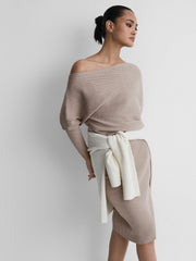 Women Off-The-Shoulder Ribbed Midi Dress in Neutral