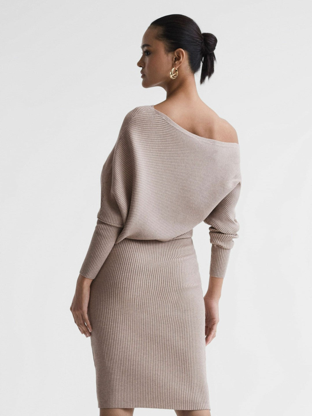 Women Off-The-Shoulder Ribbed Midi Dress in Neutral