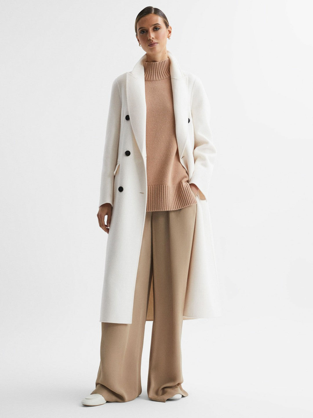Women Petite Relaxed Wool Blend Blindseam Belted Coat in Cream