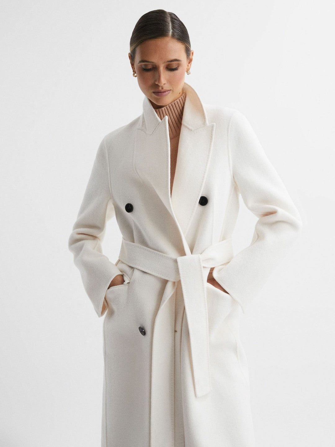 Women Petite Relaxed Wool Blend Blindseam Belted Coat in Cream
