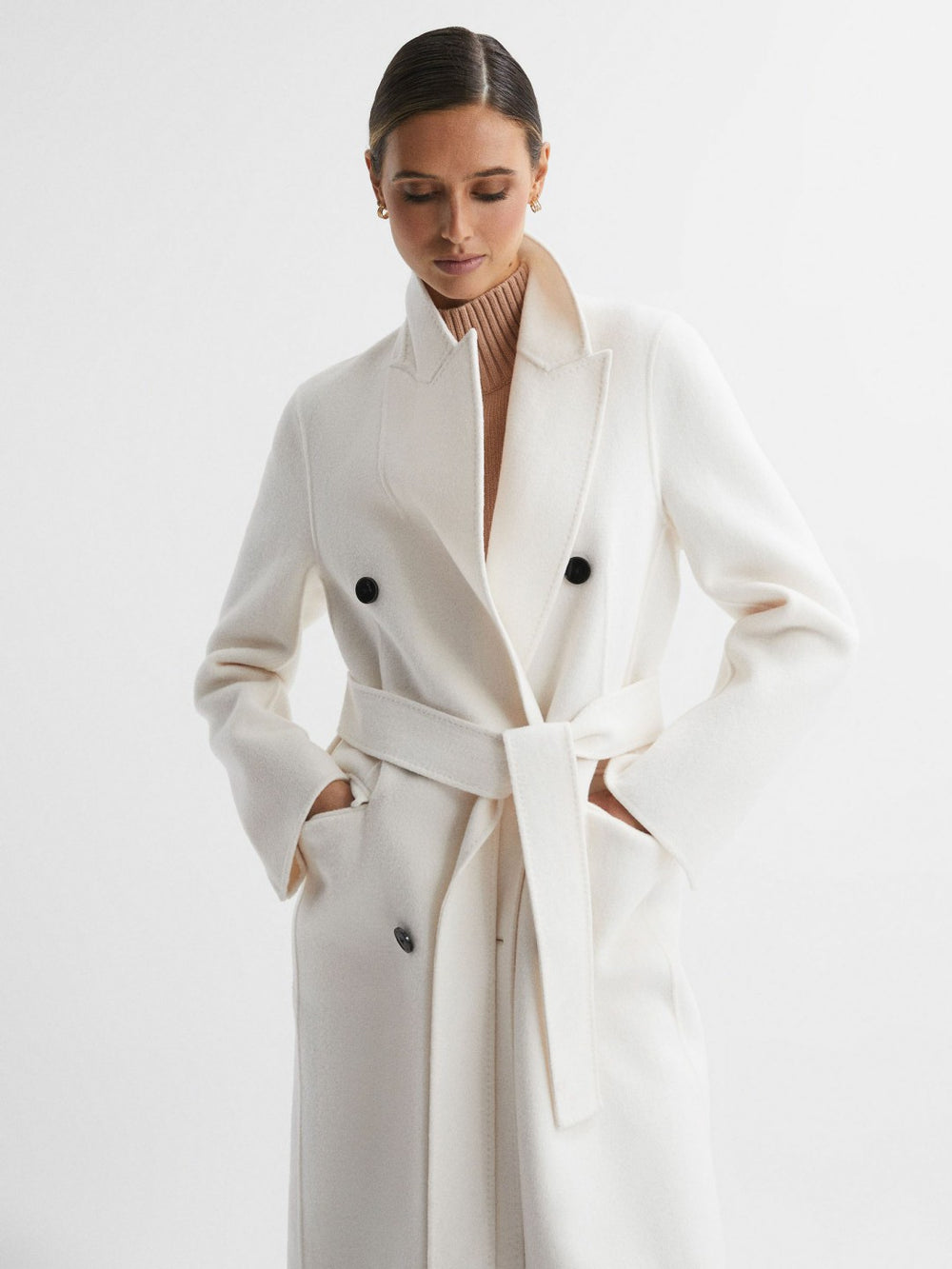 Women Petite Relaxed Wool Blend Blindseam Belted Coat in Cream